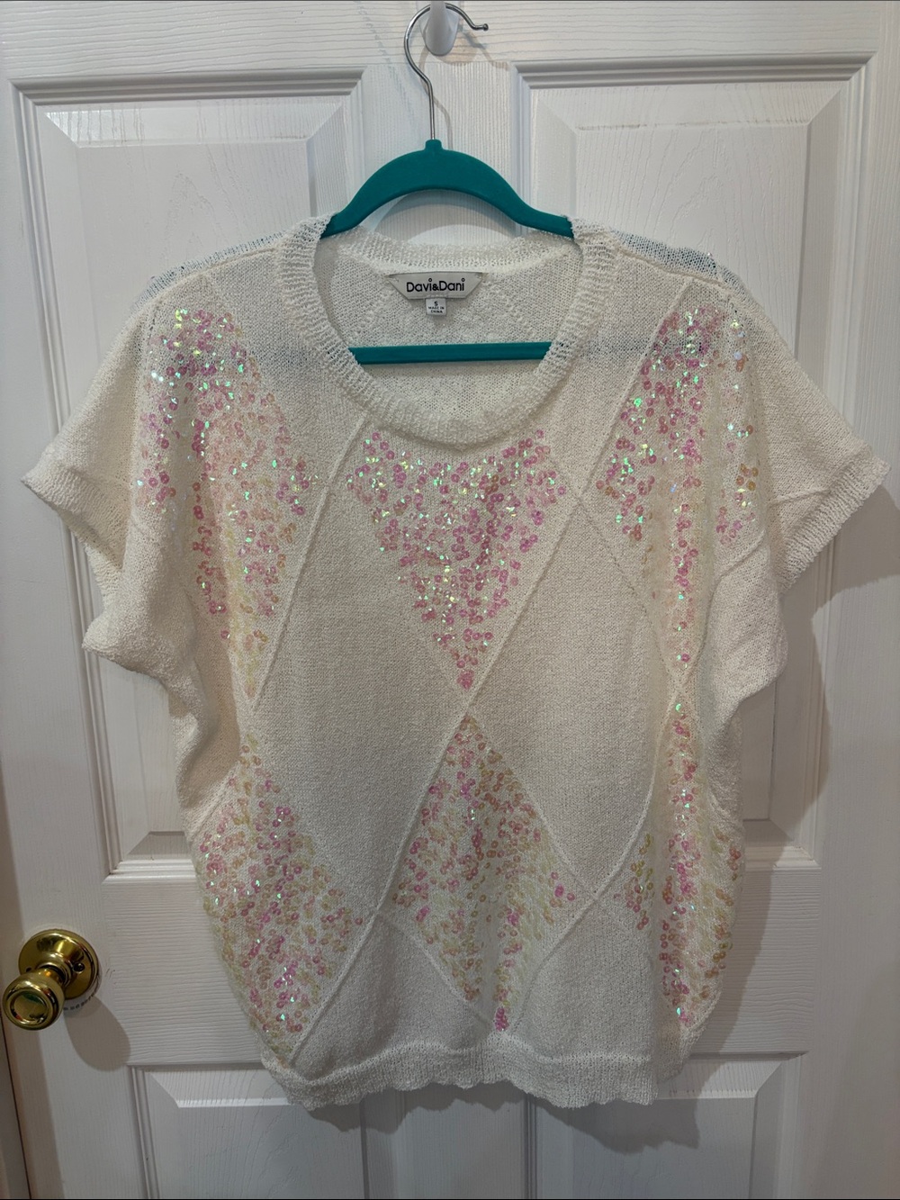 Boutique White Sequin Short-Sleeve Sweater Top